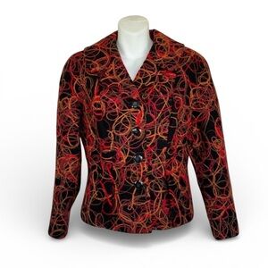 SIMON CHANG jacket, black wool with orange/red felting, 4 buttons, pockets. 8